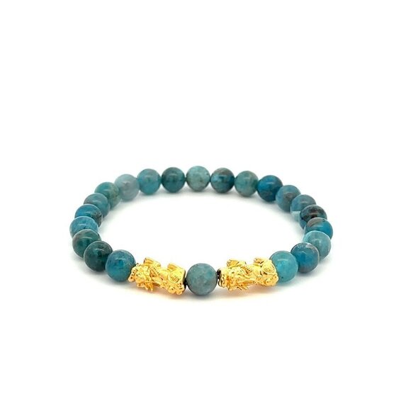 18K Gold Dragon Pixiu Double Piyao Lucky Charm Bracelet Gemstones Apatite 6mm